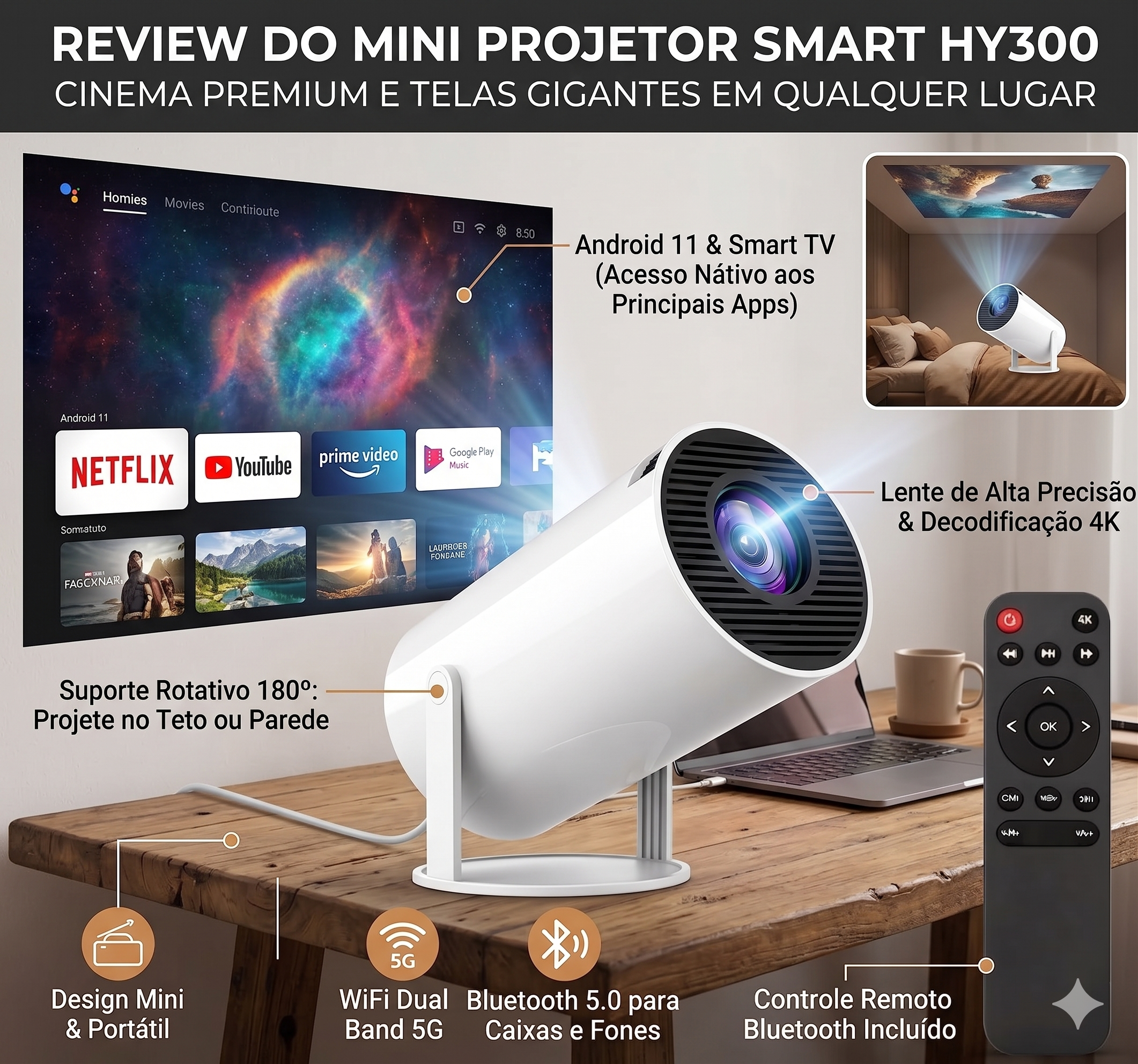Mini Projetor Portátil HY300 4K É Bom? Review Completo